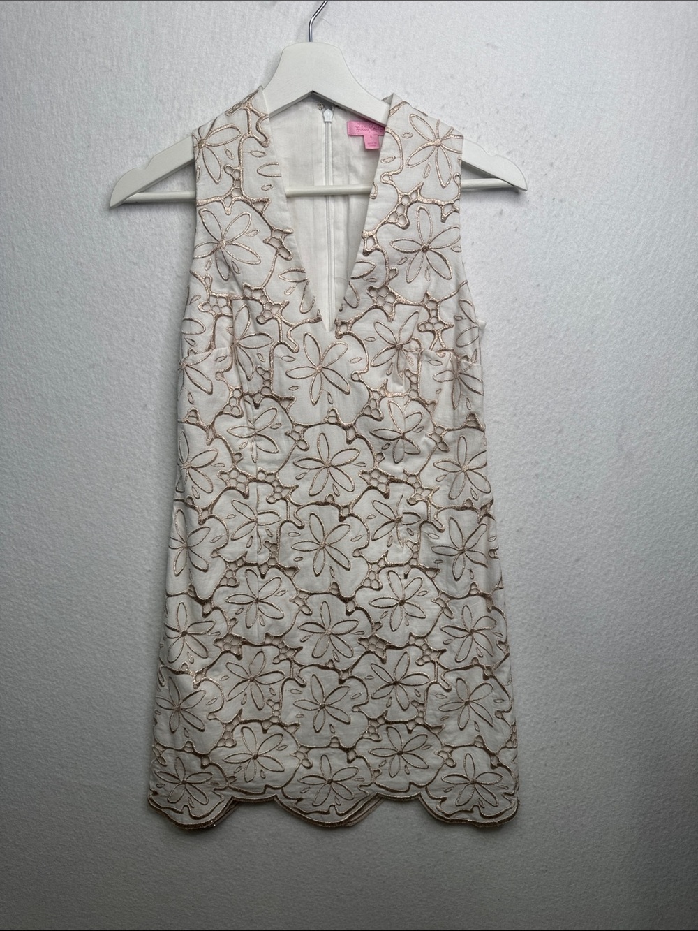 Lilly Pulitzer Estella Shift Dress white with gold embroidery, Size 0